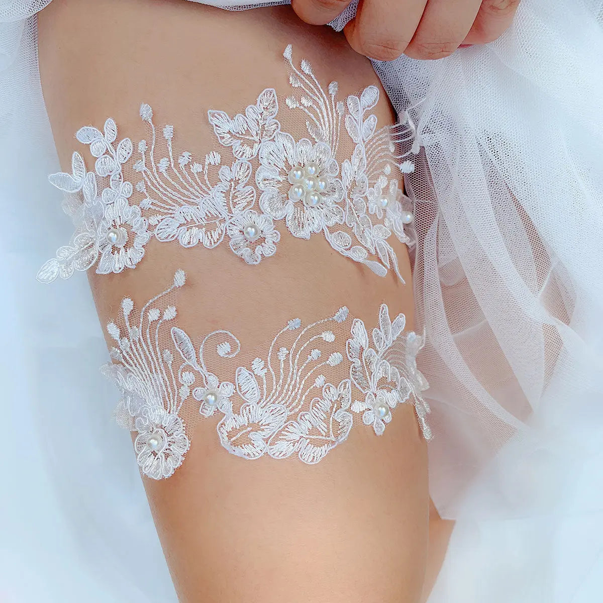 Elegant Blue Pearl Lace Garter Belt – Bridal Leg Loop with Elastic Band - Nuriyya Bridal Accessories LLC