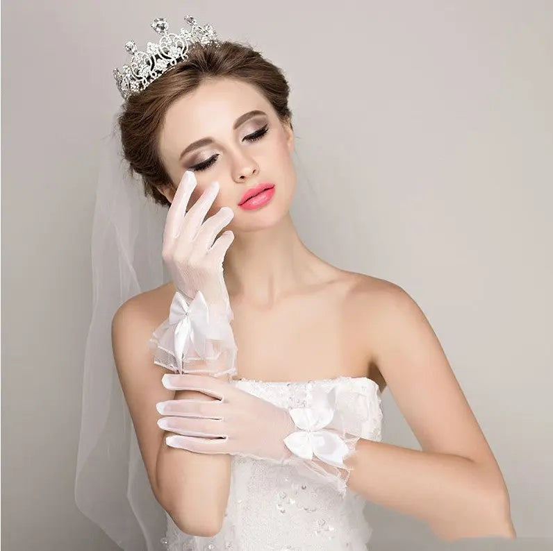 Classic White Short Wedding Gloves with Crystal Tulle - Nuriyya Bridal Accessories LLC