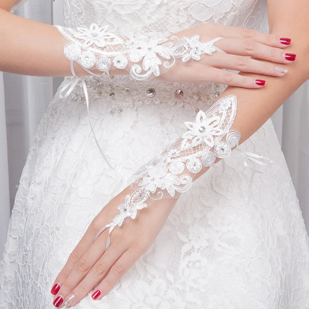 Lace Bridal Gloves with Pearls & Rhinestones - Nuriyya Bridal Accessories LLC