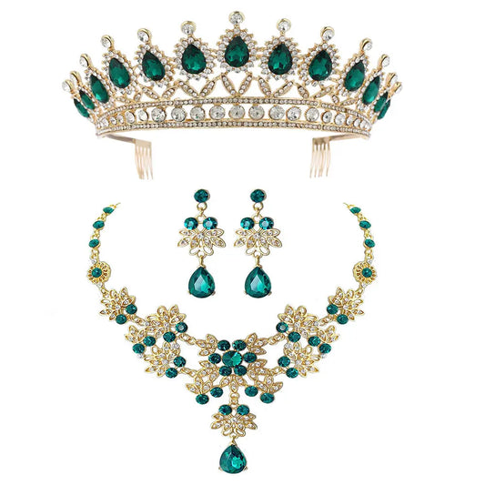 Elegant Three-Piece Bridal Ornament Set – Alloy Necklace, Crown & Earrings - Nuriyya Bridal Accessories LLC