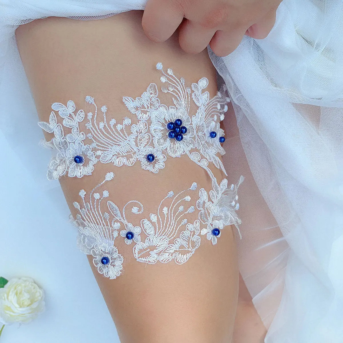 Elegant Blue Pearl Lace Garter Belt – Bridal Leg Loop with Elastic Band - Nuriyya Bridal Accessories LLC