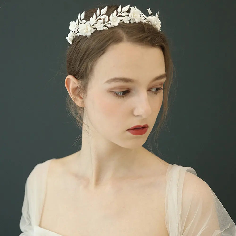 Elegant Handmade Ceramic Bridal Tiara Headband – Silver Wedding Crown - Nuriyya Bridal Accessories LLC