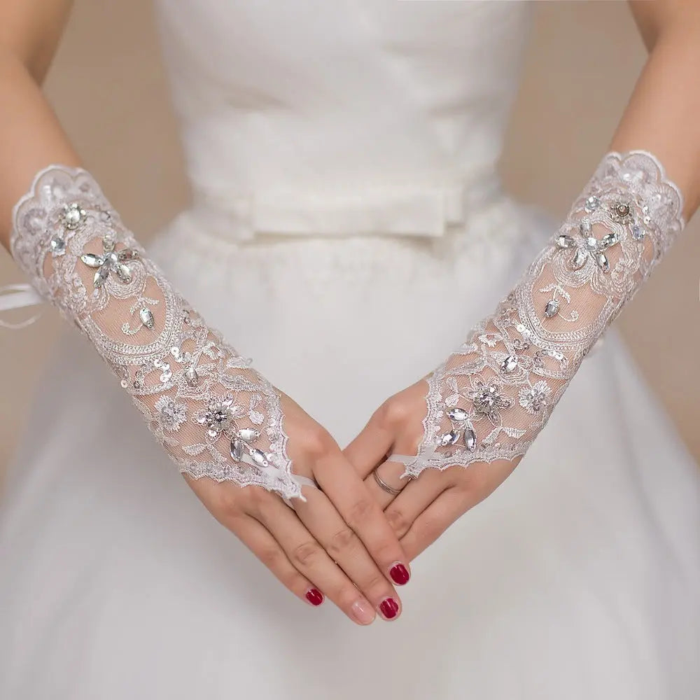 Elegant Short Bridal Lace Wedding Gloves with Diamond Detail | Beige - Nuriyya Bridal Accessories LLC