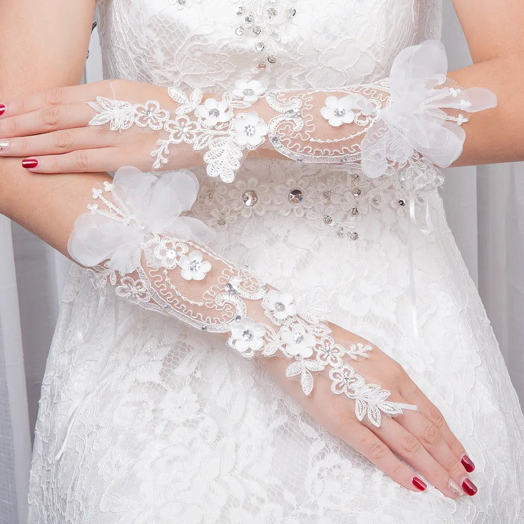 Diamond-Studded Lace Bridal Gloves with Mesh Design - Nuriyya Bridal Accessories LLC