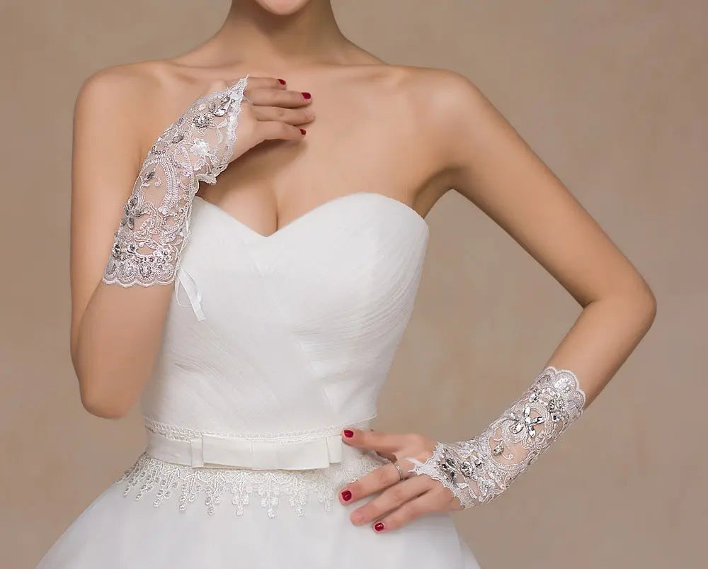 Elegant Short Bridal Lace Wedding Gloves with Diamond Detail | Beige - Nuriyya Bridal Accessories LLC